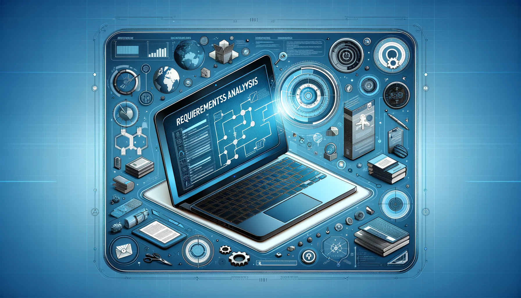 Digital-themed cover image by DALL.E showing a laptop with a flowchart, surrounded by tech icons like gears and graphs, in a blue-grey color scheme